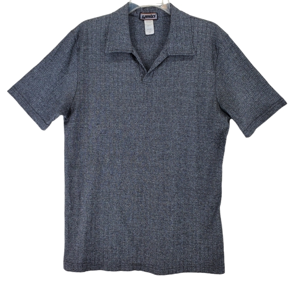 Vtg YMLA Polo Shirt Mens L Dark Gray Heathered Ribbed Short Sleeve USA Made 90s